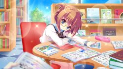 Rule 34 | 1girl, 1other, ahoge, arm on table, black bow, blue eyes, blue sailor collar, blue sky, book, book stack, bookshelf, bow, brown hair, chair, checkered floor, day, dot nose, eraser, film grain, game cg, geometry, glasses, indoors, izumi tsubasu, lens flare, long sleeves, looking at viewer, magazine (object), magazine rack, non-web source, notebook, official art, on chair, open book, open mouth, pen, pencil case, pyramid (geometry), re:stage!, sailor collar, school uniform, shikimiya mana, short hair, sitting, sky, solo focus, sparkle, studying, table, tile floor, tiles, wooden table, yellow-framed eyewear