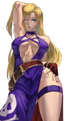 Rule 34 | 1girl, arm behind head, armpits, blonde hair, blue eyes, breasts, cleavage, dress, fatal fury, hand on own hip, highres, jenet behrn, jolly roger, large breasts, legs, long hair, looking at viewer, model pose, one eye closed, parted lips, pelvic curtain, snk, solo, syachiiro, the king of fighters, the king of fighters xv, thick thighs, thighs, thong