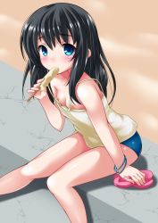 Rule 34 | 10s, 1girl, areola slip, asashio (kancolle), bandaid, bandaids on nipples, black hair, blue eyes, blush, bracelet, breasts, downblouse, food, highres, jewelry, kantai collection, kaze makase, leaning forward, long hair, looking at viewer, no bra, pasties, popsicle, shorts, sitting, slippers, small breasts, solo, tank top