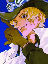 Rule 34 | 1boy, ascot, blonde hair, blue background, close-up, gloves, goggles, goggles on headwear, hat, highres, looking down, looking to the side, male focus, one piece, sabo (one piece), scar, scar on face, simple background, solo, top hat, vasan5555, white ascot