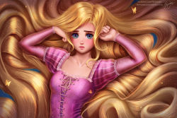 Rule 34 | 1girl, absurdly long hair, blonde hair, blue eyes, bug, butterfly, deviantart username, disney, dress, hand on own head, insect, long hair, long sleeves, looking at viewer, lying, on back, patreon username, pink dress, prywinko, rapunzel, rapunzel (disney), signature, solo, upper body, very long hair, yellow butterfly