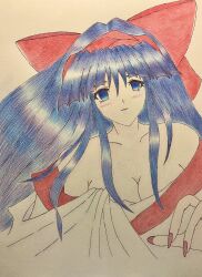 Rule 34 | 1girl, ainu clothes, blue eyes, blue hair, breasts, cleavage, hair ribbon, highres, large breasts, long hair, looking at viewer, nakoruru, ribbon, samurai spirits, smile, snk, the king of fighters, traditional media