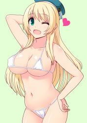 Rule 34 | 10s, 1girl, ;d, arm behind head, atago (kancolle), bad id, bad pixiv id, bikini, blonde hair, blush, breasts, cleavage, green background, green eyes, hand on own hip, hat, heart, highres, kantai collection, large breasts, long hair, looking at viewer, navel, one eye closed, open mouth, personification, shiny skin, skindentation, smile, solo, strap gap, swimsuit, totokichi, white bikini, wink