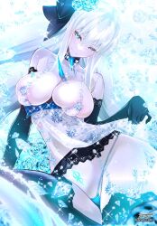 Rule 34 | areola slip, arm support, artoria pendragon (lancer alter) (royal icing) (fate), artoria pendragon (lancer alter) (royal icing) (fate) (cosplay), black bow, blue eyes, blue flower, blue panties, blue rose, blush, bow, choker, collarbone, cosplay, elbow gloves, fate/grand order, fate (series), flower, gloves, highres, long hair, looking at viewer, lying, morgan le fay (fate), on side, pale skin, panties, rose, sanazura hiroyuki, skindentation, smile, stomach tattoo, tattoo, underwear, white hair