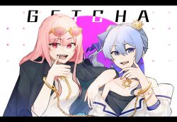 Rule 34 | 2girls, black jacket, blue eyes, blue hair, bracelet, breasts, collarbone, commentary, cuffs, english commentary, eyewear on head, fangs, getcha! (vocaloid), hair between eyes, handcuffs, hololive, hololive english, hoshimachi suisei, jacket, jacket on shoulders, jewelry, kiel adair, looking down, medium breasts, mori calliope, multiple girls, open mouth, pink eyes, pink hair, see-through, see-through jacket, side ponytail, small breasts, smile, sunglasses, virtual youtuber, vocaloid
