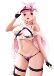 Rule 34 | 1girl, :d, baseball cap, bikini, black bikini, black gloves, blonde hair, commentary request, cowboy shot, crop top, fingerless gloves, girls&#039; frontline, gloves, hat, highres, long hair, looking at viewer, midriff, navel, off shoulder, open mouth, pink eyes, pink hat, see-through, shirt, short sleeves, simple background, smile, solo, standing, stomach, swimsuit, thigh strap, thighs, ukm-2000 (girls&#039; frontline), very long hair, white background, yan kodiac
