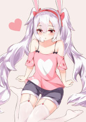 Rule 34 | 1girl, animal ears, arm support, arms at sides, azur lane, bare shoulders, black bow, blouse, blue shorts, bow, chestnut mouth, collarbone, cutoffs, denim, denim shorts, flat chest, garter straps, hair bow, hairband, heart, heart print, laffey (azur lane), light purple hair, long hair, looking at viewer, open mouth, pink shirt, pink skirt, pocket, rabbit ears, red bow, red hairband, shirt, short shorts, shorts, simple background, sitting, skirt, sleeveless, sleeveless shirt, solo, spaghetti strap, thigh gap, thighhighs, twintails, very long hair, wariza, white thighhighs, yitiao yuxian