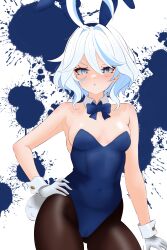 Rule 34 | 1girl, absurdres, ahoge, animal ears, black pantyhose, blue eyes, blue hair, blue leotard, bow, bowtie, breasts, commentary, covered navel, detached collar, drop-shaped pupils, english commentary, furina (genshin impact), genshin impact, gloves, hair between eyes, hand on own hip, heterochromia, highres, leotard, light blue hair, looking at viewer, mismatched pupils, mixed-language commentary, multicolored hair, pantyhose, playboy bunny, pout, rabbit ears, rabbit tail, short hair, small breasts, solo, splotch, stasyafelix, strapless, strapless leotard, streaked hair, symbol-shaped pupils, tail, white background, white gloves, wrist cuffs