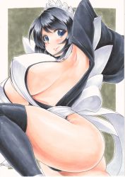 Rule 34 | 1girl, absurdres, arm up, armpits, ass, bare legs, black hair, black thighhighs, blue eyes, blush, bouncing breasts, breasts, choker, cleavage, closed mouth, covered erect nipples, detached sleeves, female focus, flipped hair, from side, highres, iroha (samurai spirits), japanese clothes, large breasts, leotard, long sleeves, looking at viewer, looking to the side, maid, maid headdress, marker (medium), nipples, no bra, revealing clothes, samurai spirits, sash, scan, shiny skin, short hair, sideboob, smile, snk, solo, thighhighs, thighs, traditional media, wide sleeves, yuuki chima