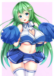 Rule 34 | 1girl, alternate costume, bare shoulders, blue eyes, blush, breasts, cameltoe, cheerleader, cleavage, cleavage cutout, clothing cutout, covered erect nipples, crop top, crop top overhang, ebi 193, female focus, frog hair ornament, green hair, hair ornament, heart, heart cutout, heart future, huge breasts, kochiya sanae, large breasts, long hair, looking at viewer, microskirt, midriff, navel, no bra, open mouth, panties, pom pom (cheerleading), ribbon-trimmed legwear, ribbon-trimmed thighhighs, ribbon trim, shirt, simple background, skindentation, skirt, sleeveless, smile, snake hair ornament, solo, taut clothes, taut shirt, thigh gap, thighhighs, touhou, underwear, very long hair, white panties, white thighhighs