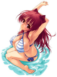 Rule 34 | 1girl, armpits, arms behind head, arms up, barefoot, bikini, breasts, brown eyes, feet, female focus, highres, kousaka tamaki, large breasts, looking at viewer, red hair, sideboob, solo, striped bikini, striped clothes, swimsuit, to heart, to heart (series), to heart 2, yamaguchi homupe