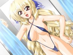 Rule 34 | 1girl, blonde hair, breasts, censored, game cg, onnanoko no himitsu, open mouth, red eyes, slingshot swimsuit, solo, swimsuit, tagme