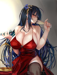 Rule 34 | 1girl, ahoge, alcohol, azur lane, bare shoulders, bird, birdcage, black hair, black thighhighs, blush, breasts, cage, champagne, champagne flute, cleavage, cocktail dress, collarbone, cup, dress, drinking glass, flower, hair flower, hair ornament, hip focus, huge breasts, long hair, looking at viewer, misaka 12003-gou, official alternate costume, parted lips, red dress, red eyes, sitting, solo, suggestive fluid, taihou (azur lane), taihou (forbidden feast) (azur lane), thighhighs, thighs, very long hair