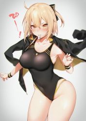 Rule 34 | 1girl, ahoge, black bow, black jacket, black one-piece swimsuit, blush, bow, breasts, danimaru, fate/grand order, fate (series), grey background, hair between eyes, hair bow, highleg, highres, jacket, jacket on shoulders, koha-ace, large breasts, mouth hold, okita souji (fate), okita souji (koha-ace), one-piece swimsuit, ponytail, simple background, solo, sweat, swimsuit, whistle, yellow eyes