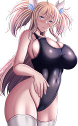 Rule 34 | 1girl, action taimanin, black one-piece swimsuit, blonde hair, blush, breasts, cameltoe, covered navel, curvy, highleg, highleg swimsuit, highres, huge breasts, kanna (minamozuki), long hair, looking at viewer, one-piece swimsuit, onizaki kirara, shiny skin, simple background, solo, swimsuit, taimanin (series), taimanin rpgx, twintails, very long hair, white background