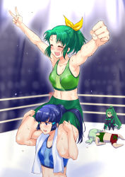 Rule 34 | 4girls, :d, ^ ^, aoki reika, arms up, bad end march, bad id, bad pixiv id, bike shorts, blue eyes, blue hair, blush, character request, clenched hand, closed eyes, commentary request, closed eyes, green hair, green shorts, hair ornament, hair ribbon, hairclip, highres, long hair, midorikawa nao, midriff, multiple girls, navel, neziiro, open mouth, ponytail, precure, ribbon, shorts, smile, smile precure!, sweat, v, wrestling ring, yellow ribbon