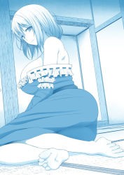 Rule 34 | 1girl, areola slip, ass, bare shoulders, barefoot, blue theme, breasts, closed mouth, commentary request, diisuke, dress, feet, from side, greyscale, indoors, jpeg artifacts, large breasts, long sleeves, looking at viewer, monochrome, off shoulder, saigyouji yuyuko, sash, short hair, sitting, smile, soles, solo, tatami, touhou, yokozuwari