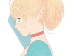 Rule 34 | 1girl, aqua eyes, arm up, blonde hair, choker, dungeon meshi, folded hair, frs2, highres, long sleeves, looking ahead, marcille donato, parted lips, pointy ears, portrait, profile, simple background, solo, sweat, updo, wet, white background