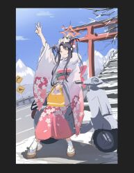Rule 34 | 1girl, arm up, arrow (symbol), black border, black hair, blue archive, blue sky, border, branch, brown footwear, cloud, day, flower, fuuka (blue archive), fuuka (new year) (blue archive), gradient kimono, hair bun, hair flower, hair ornament, horns, japanese clothes, kimono, long hair, long sleeves, looking at viewer, moped, motor vehicle, obi, outdoors, parted bangs, pink kimono, railing, red eyes, road sign, sandals, sash, sign, sketch, sky, snow, socks, solo, stairs, stone stairs, tabi, toki (yoyobozi), torii, very long hair, w, white flower, white kimono, white socks, wide sleeves, zouri