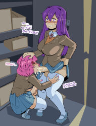 Rule 34 | 2futa, blush, box chan, breasts, closed eyes, closet, clothed sex, clothes lift, cum, cum in mouth, doki doki literature club, english text, erection, facial, fellatio, futa with futa, futanari, hair intakes, hand on another&#039;s head, highres, large breasts, large penis, long hair, looking at viewer, medium breasts, natsuki (doki doki literature club), open mouth, oral, penis, penis out, pink hair, pink nails, pleated skirt, purple eyes, purple hair, purple nails, school uniform, shoes, short twintails, skirt, skirt lift, stealth sex, testicles, thighhighs, twintails, white thighhighs, yuri (doki doki literature club)