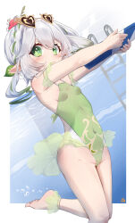 Rule 34 | 1girl, alternate costume, bare arms, bare legs, barefoot, breasts, covered navel, cross-shaped pupils, feet, flower, genshin impact, gradient hair, green eyes, green hair, green one-piece swimsuit, grey hair, hair flower, hair ornament, highres, keyfanjun, looking at viewer, multicolored hair, nahida (genshin impact), one-piece swimsuit, partially submerged, partially underwater shot, pointy ears, pool, side ponytail, small breasts, solo, swimming, swimsuit, symbol-shaped pupils, underwater, water