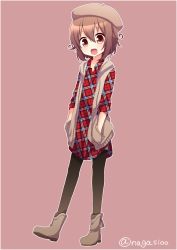 Rule 34 | 10s, 1girl, alternate costume, beret, boots, brown eyes, brown hair, dress, dress shirt, hands in pockets, hat, kantai collection, matching hair/eyes, mutsuki (kancolle), nagasioo, open mouth, pantyhose, plaid, plaid dress, red dress, shirt, short hair, simple background, solo, twitter username, unmoving pattern, vest, walking