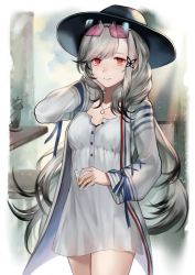 Rule 34 | 1girl, azur lane, black headwear, butterfly hair ornament, buttons, cup, dress, dunkerque (afternoon venus) (azur lane), dunkerque (afternoon venus) (azur lane), dunkerque (azur lane), eyewear on head, french flag, grey hair, hair ornament, hand in own hair, holding, holding cup, jacket, looking at viewer, official alternate costume, partially unbuttoned, red-tinted eyewear, red eyes, solo, sunglasses, tinted eyewear, uonomeuroko, white dress, white jacket