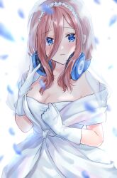 Rule 34 | 1girl, adjusting headphones, blue eyes, blush, breasts, bridal veil, brown hair, chigusa minori, cleavage, commentary request, dress, elbow gloves, gloves, go-toubun no hanayome, hair between eyes, hairband, headphones, headphones around neck, highres, long hair, long hair between eyes, looking at viewer, medium breasts, nakano miku, parted lips, partial commentary, petals, solo, stole, strapless, strapless dress, veil, wedding dress, white dress, white gloves