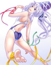 Rule 34 | 1girl, :d, adapted costume, alternate costume, arm ribbon, ass, back, barefoot, black ribbon, competition swimsuit, feet, from behind, gradient background, green ribbon, grey hair, hair ribbon, hat, leg ribbon, legs apart, long hair, looking back, mendou saya, mononobe no futo, one-piece swimsuit, open mouth, ponytail, red ribbon, ribbon, smile, soles, solo, swimsuit, tate eboshi, toe scrunch, toes, touhou, very long hair, white background, yellow ribbon
