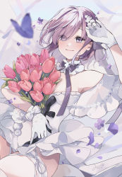 Rule 34 | 1girl, absurdres, bare shoulders, bouquet, bug, butterfly, closed mouth, commentary request, detached collar, dress, eyes visible through hair, fate/grand order, fate (series), flower, gloves, hair flower, hair ornament, hair over one eye, highres, holding, holding bouquet, insect, light purple hair, looking away, mash kyrielight, mash kyrielight (fgo orchestra), misaki346, official alternate costume, petals, purple butterfly, purple eyes, purple flower, rose, short hair, signature, smile, solo, white dress, white flower, white gloves