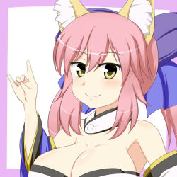 Rule 34 | 10s, 1girl, \n/, animal ears, bare shoulders, blush, bow, breasts, cleavage, detached sleeves, fate/extra, fate (series), female focus, fox ears, fox shadow puppet, hair bow, hair ribbon, japanese clothes, large breasts, long hair, looking at viewer, moyashi udon, pink hair, ribbon, simple background, smile, solo, tamamo (fate), tamamo no mae (fate/extra), twintails, yellow eyes