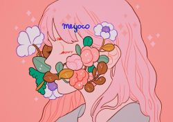 Rule 34 | 1girl, artist name, bad id, bad instagram id, closed eyes, eyelashes, flower, grey shirt, in mouth, leaf, long hair, meyoco, original, pink background, pink flower, pink hair, plant, portrait, shirt, simple background, solo, sparkle, white flower