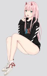 Rule 34 | 10s, 1girl, absurdres, adore (adoredesu), between legs, black sweater, blunt bangs, casual, darling in the franxx, fake horns, full body, green eyes, grey background, grey hairband, hairband, hand between legs, highres, horns, invisible chair, long hair, open mouth, pink hair, shoes, simple background, sitting, sneakers, solo, sweater, tongue, tongue out, very long hair, white footwear, zero two (darling in the franxx)