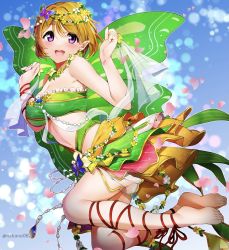 Rule 34 | 1girl, :d, breasts, brown hair, butterfly wings, highres, insect wings, koizumi hanayo, legs, looking at viewer, love live!, love live! school idol project, medium breasts, nakano maru, open mouth, pointy ears, purple eyes, short hair, smile, solo, teeth, upper teeth only, wings