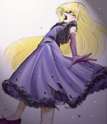 Rule 34 | 1girl, blonde hair, dress, elbow gloves, floating clothes, fur jacket, fur trim, gloves, graphite (medium), gravity falls, jacket, light particles, long hair, looking up, marker (medium), melon (melon cream soda), open mouth, pacifica northwest, purple dress, purple gloves, red eyes, rubble, solo, torn clothes, torn dress, traditional media, very long hair
