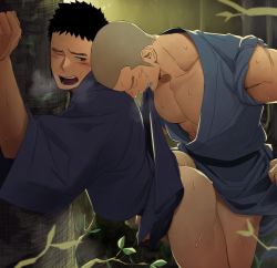 Rule 34 | 2boys, abs, against tree, anal, ass, bara, blush, bottomless, itto (mentaiko), male focus, male penetrated, multiple boys, muscular, original, outdoors, pectorals, robe, sex, steam, sweat, tagme, tree, yaoi