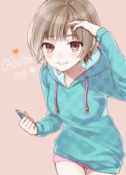 Rule 34 | 1girl, arm up, blue hoodie, blush, brown background, brown eyes, brown hair, chisumi, closed mouth, commentary request, cosmetics, drawstring, fingernails, heart, highres, holding, holding lipstick, hood, hood down, hoodie, lipstick, lipstick tube, long sleeves, looking at viewer, makeup, original, pink skirt, polka dot, polka dot hoodie, skirt, smile, solo