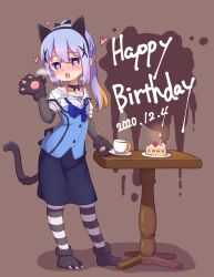 Rule 34 | 1girl, animal ears, animal hands, black footwear, black gloves, black hairband, black ribbon, blue bow, blue bowtie, blue eyes, blue hair, blue ribbon, blue skirt, blue vest, blush, bow, bowtie, bra, bra peek, breasts, brown background, buttons, cake, candle, chestnut mouth, coffee, collarbone, collared shirt, commentary request, cup, dated, disposable cup, dress shirt, elbow gloves, fake animal ears, food, fruit, full body, gloves, gochuumon wa usagi desu ka?, hair between eyes, hair ornament, hairband, happy birthday, heart, heart-shaped pupils, heavy breathing, highres, kafuu chino, light blue hair, long hair, looking at viewer, mohei, multicolored hair, neck ribbon, open mouth, orange hair, partially unbuttoned, paw gloves, paw shoes, ponytail, puffy short sleeves, puffy sleeves, rabbit house uniform, ribbon, saucer, shadow, shirt, short sleeves, sidelocks, simple background, skirt, small breasts, solo, standing, strawberry, strawberry shortcake, streaked hair, sweat, symbol-shaped pupils, table, tail, teacup, two-tone hair, underwear, vest, white bra, white shirt, x hair ornament