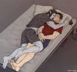 Rule 34 | 2boys, abs, bara, bed, blush, brown eyes, charger, charging device, clothes lift, couple, closed eyes, frown, holding hands, hug, large pectorals, long hair, looking up, lying, maeba (morbid+lovers), magazine (object), male focus, manly, mature male, multiple boys, muscular, muscular male, on back, original, pants, pectorals, phone, pillow, pointy ears, room, scar, scar on face, shirt, shirt lift, short hair, shorts, sleeping, sweat, sweatdrop, t-shirt, tense, thick arms, twitter username, vampire, veins, veiny arms, yaoi, yellow eyes