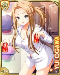 Rule 34 | 1girl, blonde hair, bottomless, breasts, can, card, character name, cleavage, closed mouth, drink can, earrings, girlfriend (kari), grey eyes, holding, hoop earrings, indoors, jewelry, kitchen, large breasts, long hair, official art, ogawa yui (girlfriend kari), qp:flapper, shirt, side ponytail, smile, soda can, solo, tagme, white shirt