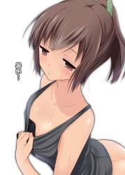 Rule 34 | 10s, 1girl, absurdres, bottomless, breasts, brown hair, cleavage, downblouse, half-closed eyes, highres, hot, i-401 (kancolle), kantai collection, ponytail, short hair, simple background, small breasts, solo, sweat, takeyuu, tank top, white background
