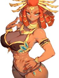 Rule 34 | 1girl, abs, aqua nails, breasts, circlet, crop top, curvy, dark-skinned female, dark skin, fumio (rsqkr), gerudo, green eyes, hair ornament, hand on own hip, highres, large breasts, looking at viewer, medium hair, nintendo, red hair, riju, solo, stomach, sword, the legend of zelda, the legend of zelda: tears of the kingdom, thong, weapon, wide hips