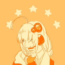 Rule 34 | 1girl, blue eyes, closed mouth, collared shirt, commentary request, earpiece, fingerless gloves, gloves, hair ornament, hair over one eye, half-closed eyes, hand on headset, hand up, jacket, kizuna akari, long hair, long sleeves, monochrome, off shoulder, open clothes, open jacket, orange theme, portrait, ribbed shirt, shirt, simple background, sleeveless, sleeveless shirt, smile, solo, spot color, star (symbol), tareme, tokono touhi, vocaloid, voiceroid