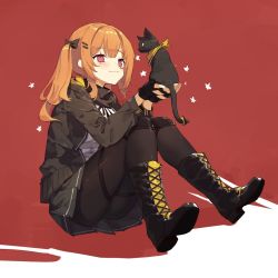 Rule 34 | 1girl, :3, animal, animalization, ass, black cat, black gloves, black jacket, black scarf, boots, bow, brown hair, cat, commentary, fingerless gloves, girls&#039; frontline, gloves, hair bow, hair ornament, hairclip, highres, holding, holding animal, holding cat, hood, hood down, hooded jacket, jacket, knee pads, open clothes, open jacket, pantyhose, pleated skirt, red background, red eyes, scar, scar across eye, scar on face, scarf, sh (shinh), sitting, skirt, smile, star (symbol), twintails, ump45 (girls&#039; frontline), ump9 (girls&#039; frontline), yellow scarf