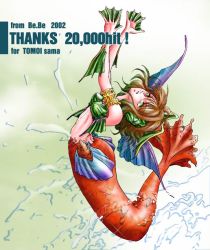 Rule 34 | 1girl, arms up, brown hair, flameshe, green eyes, milestone celebration, legend of mana, mermaid, monster girl, open mouth, seiken densetsu, solo, water