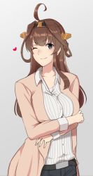 Rule 34 | &gt;;), 10s, 1girl, ahoge, alternate costume, bad anatomy, breast hold, breasts, brown hair, contemporary, crossed arms, dress shirt, grey eyes, hairband, hayabusa, heart, highres, jacket, kantai collection, kongou (kancolle), large breasts, light smile, long hair, looking at viewer, one eye closed, open clothes, open jacket, pinstripe pattern, shirt, smile, solo, striped, v-shaped eyebrows