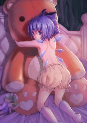 Rule 34 | 1girl, absurdres, back, bed, bloomers, blue eyes, blue hair, bow, character doll, cirno, daiyousei, hugging doll, from behind, hair bow, highres, kneeling, lace, lace-trimmed legwear, lace trim, looking back, matching hair/eyes, meiki, hugging object, on bed, socks, solo, stuffed animal, stuffed toy, teddy bear, topless, touhou, underwear, underwear only, white socks, wings