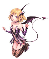 Rule 34 | 1girl, bad id, bad pixiv id, blonde hair, boots, breasts, bridal gauntlets, choker, cleavage, demon girl, demon tail, demon wings, fang, female focus, full body, garter straps, high heels, highres, mousevill, open mouth, original, pointy ears, purple eyes, short hair, simple background, smile, solo, tail, thigh boots, thighhighs, white background, wings