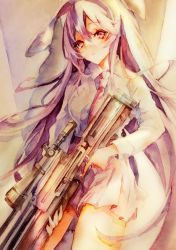 Rule 34 | 1girl, absurdres, animal ears, collared shirt, commentary, cowboy shot, gun, highres, holding, holding gun, holding weapon, kamu kotan, long hair, long sleeves, looking at viewer, miniskirt, necktie, painting (medium), pink necktie, pleated skirt, purple eyes, purple hair, rabbit ears, rabbit girl, reisen udongein inaba, rifle, shirt, skirt, sniper rifle, solo, touhou, traditional media, very long hair, watercolor (medium), weapon, white shirt, wing collar