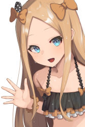 Rule 34 | 1girl, abigail williams (emerald float) (fate), abigail williams (fate), bao (s 888), bare shoulders, bikini, black bikini, black bow, blonde hair, blue eyes, blush, bow, breasts, collarbone, emerald float, fate/grand order, fate (series), forehead, frilled bikini, frills, hair bow, highres, long hair, looking at viewer, multiple hair bows, official alternate costume, open mouth, orange bow, parted bangs, polka dot, polka dot bow, scrunchie, sidelocks, small breasts, smile, swimsuit, wet, wrist scrunchie